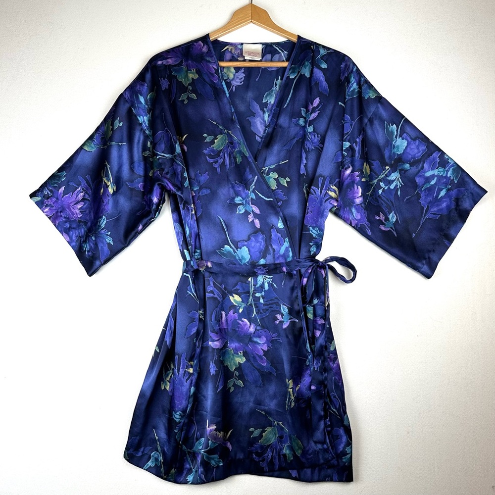 Katherine Bishop Floral Satin Wrap‎ Dressing Robe Vintage